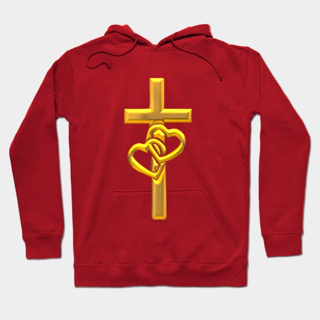 Golden 3-D look Cross with 2 Hearts Hoodie by Artist4God